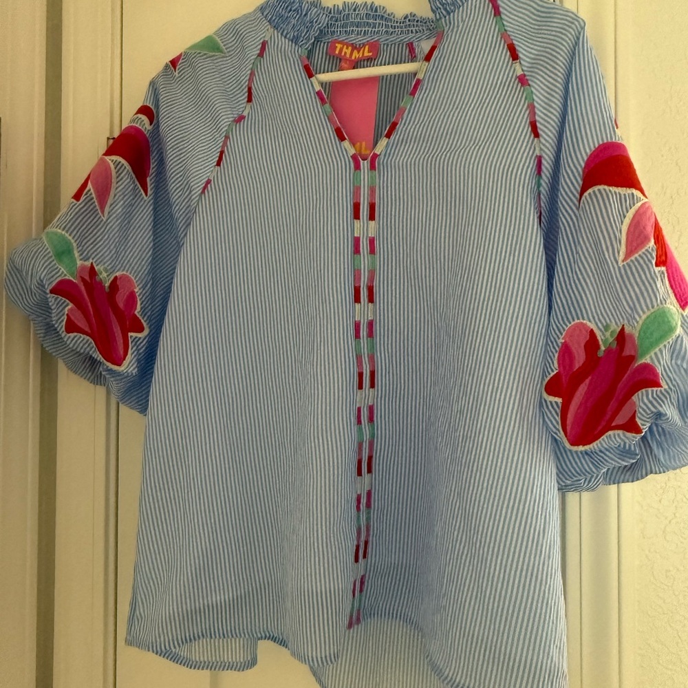 THML Blue Striped Top with Multicolor Trim Large NWT